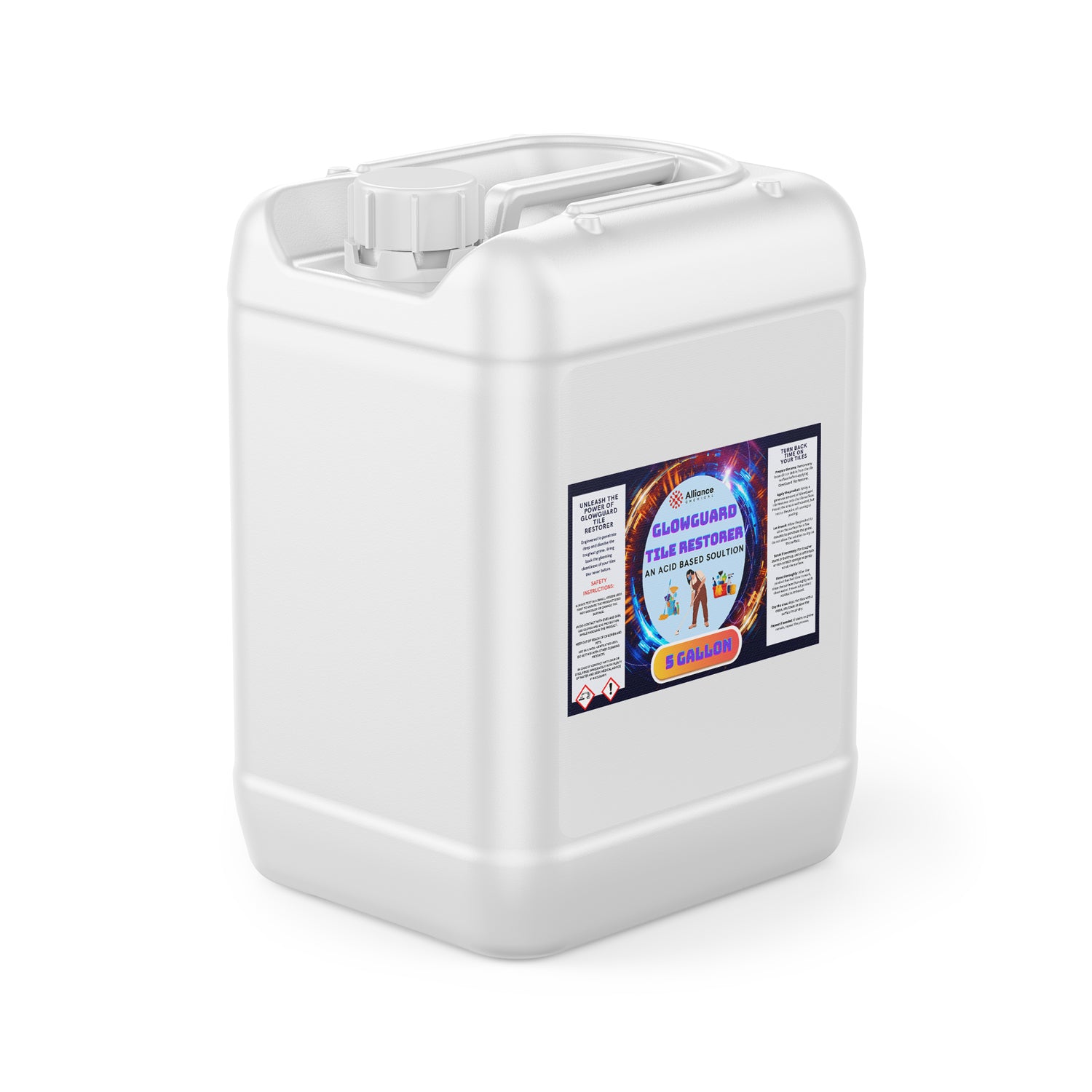 5-gallon white HDPE container of Glowguard Tile Restorer acid-based cleaning solution with hazard warning labels and secure screw-top closure.